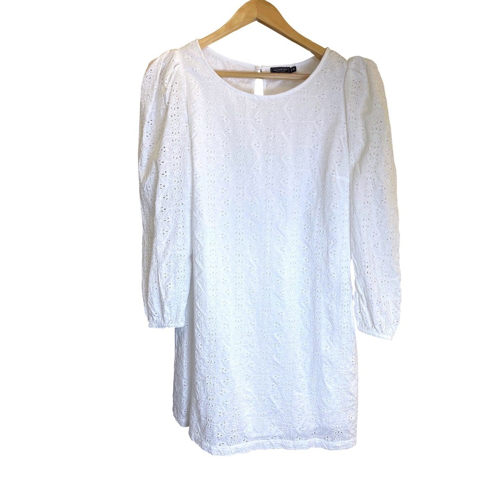 Vineyard Vines White Eyelet Puff Sleeve Shift Dress XL Cotton Lined Keyhole Back